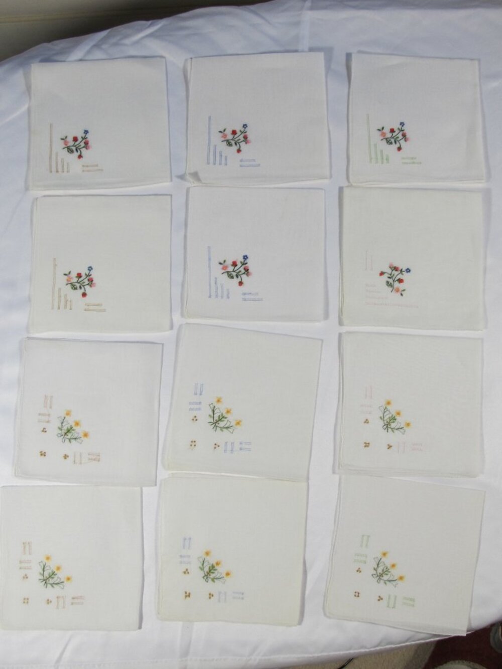 12 Linen floral embroidered cocktail napkins